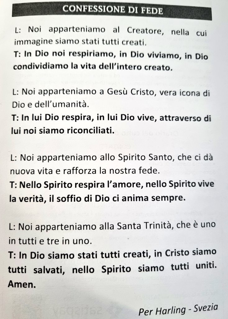 La bella confessione di fede che abbiamo pronunciato tutti insieme, in piedi, in questa giornata e culto domenicale di #Pentecoste in #chiesavaldese a Milano, scritta dal pastore luterano Per Harling