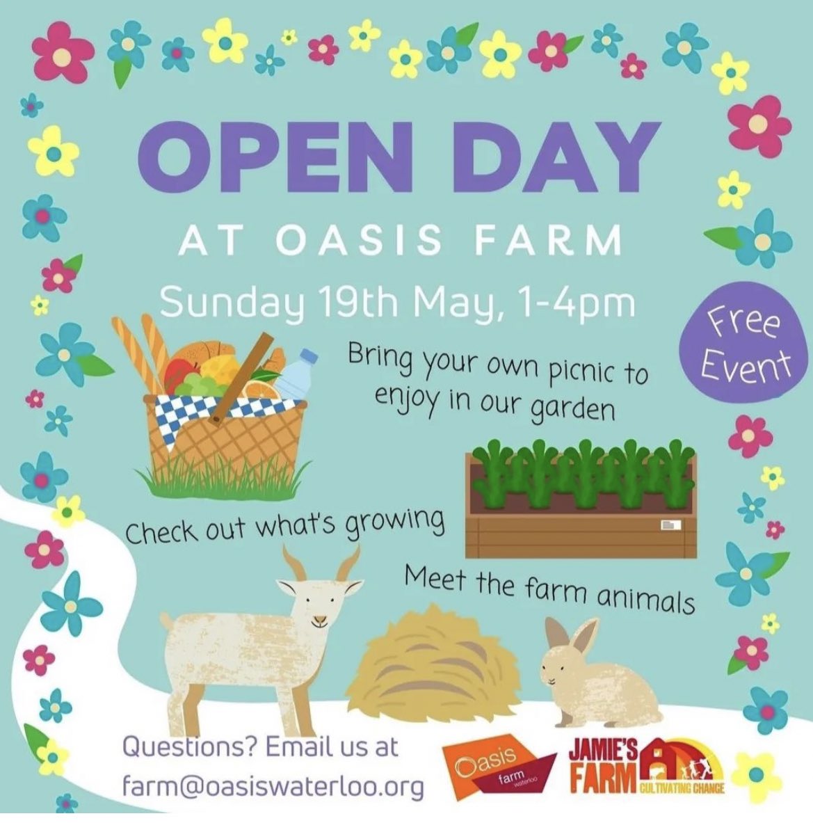 OPEN DAY AT OASIS FARM Oasis Farm invites everyone to their Open Day today, May 19th, from 1-4pm! 🌞 With great weather, it's the perfect time to bring a picnic and enjoy the garden. 🧺🌻 Visitors can meet the farm animals and explore what's growing 🐓🌿 #CommunityEvent #FarmFun