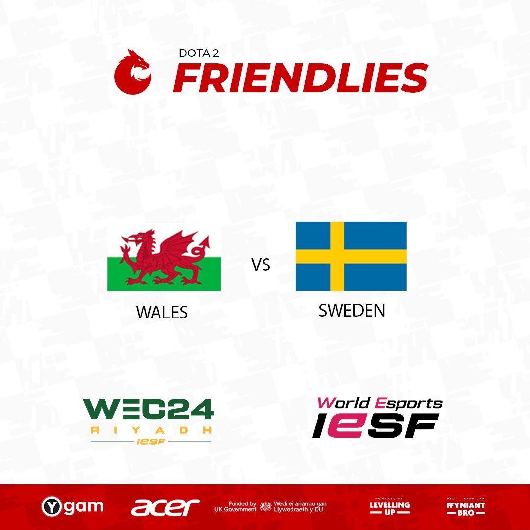 Excited for the friendly match today between Wales and Sweden in Dota2! A warm up game as they gear up for the World Esports Championship. Tune in to catch the action and support your team! #WEC24 🎮✨