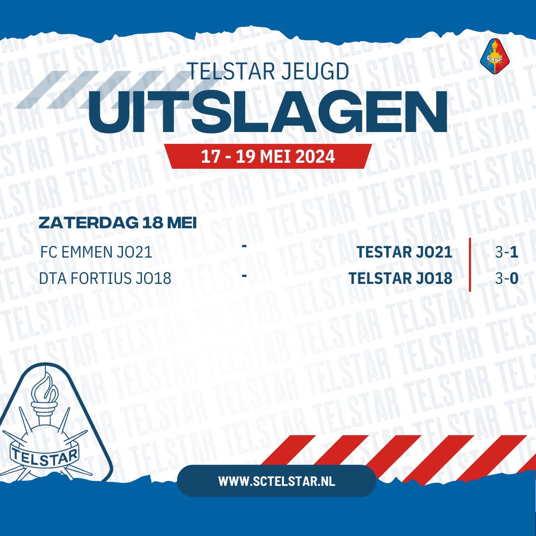 Afgelopen zaterdag, 18 mei, speelde de JO21 in de Oude Meerdijk. Benzzine wist vlak voor rust de 0-1 te maken. Het beslissende duel voor de JO18 om als tweede te eindigen, vindt plaats op 1 juni. Dit is tevens de laatste speelronde voor de jeugd.

#WitteLeeuwen | <a href="/telstar1963nv/">Telstar 🦁</a>