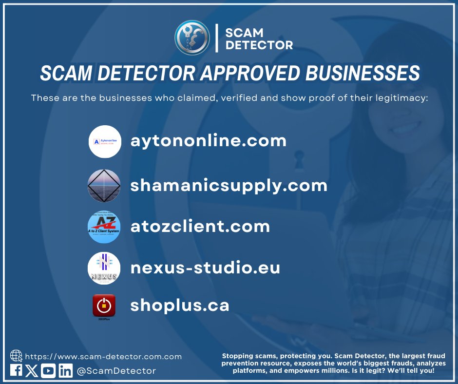 Discover #ScamDetectorApproved businesses committed to fair practices & legitimacy.  These fantastic companies passed our verification process: 

✅Aytononline
✅Shamanic Supply
✅AtoZClient
✅Nexus Studio
✅@shoplus_ca

Tell us your faves! #ShopSafe#VerifiedBusinesses