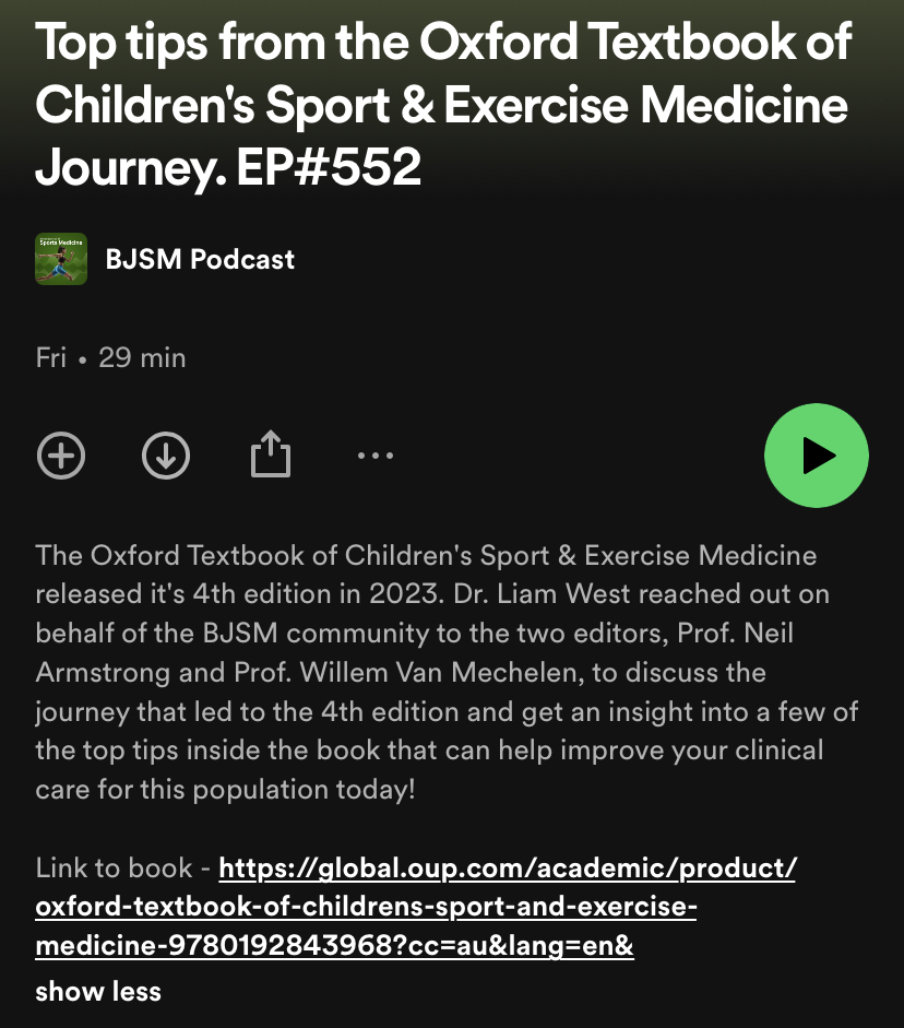 🚨 Do you want to learn more about children's sport and exercise medicine? 🙋‍♀️ 🙋‍♂️ This NEW #BJSMPodcast discusses tthe 4th edition of The Oxford Textbook of Children's Sport & Exercise Medicine 🎧 Includes some #TopTips for managing this population ✅ ➡️ bit.ly/4dWYWr0