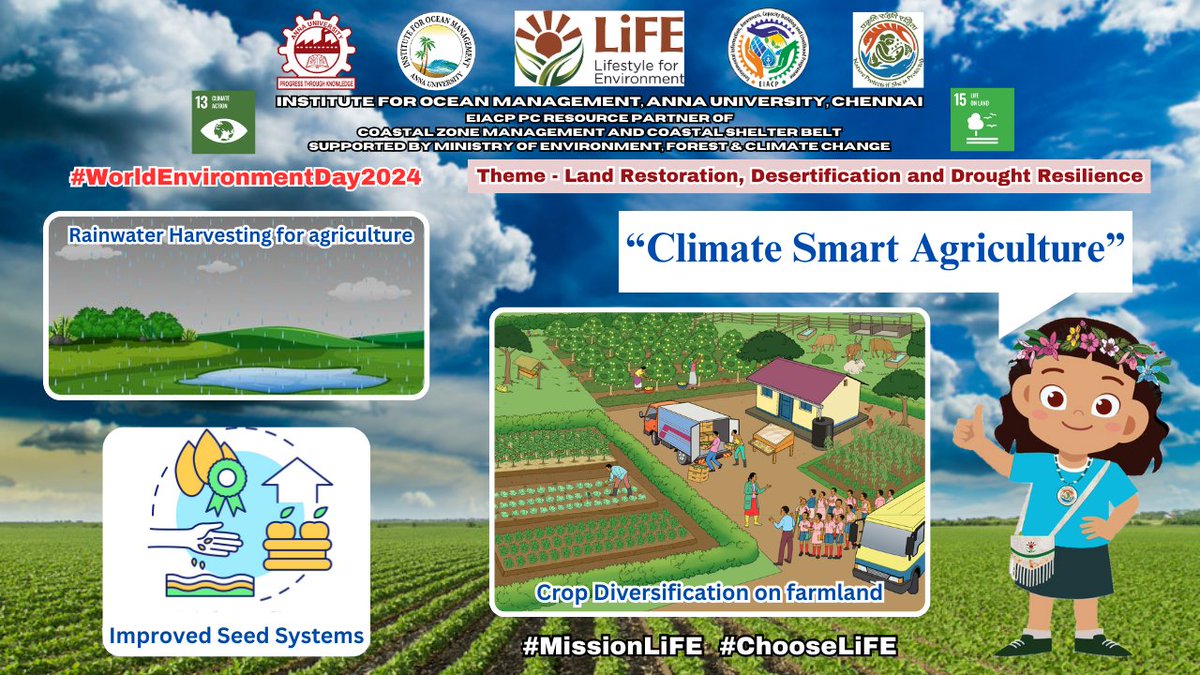 On the series of celebrating 'World Environment Day 2024', IOM EIACP PC RP is releasing an infographics on 'Climate Smart Agriculture '.

Theme - Land Restoration, Desertification and Drought Resilience

#worldenvironmentday #missionlife #chooselife #annauniversity