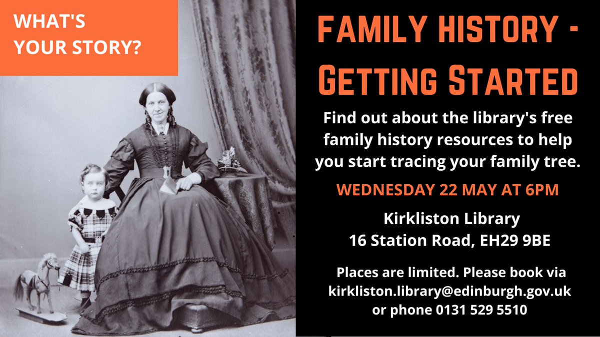 What's your story? We’ve an extra beginners’ #FamilyHistory session this month! Come along to @KirklistonL on Wed 22 May at 6pm to find out how to use the library's free online resources. Book your place by contacting #Kirkliston Library at kirkliston.library@edinburgh.gov.uk