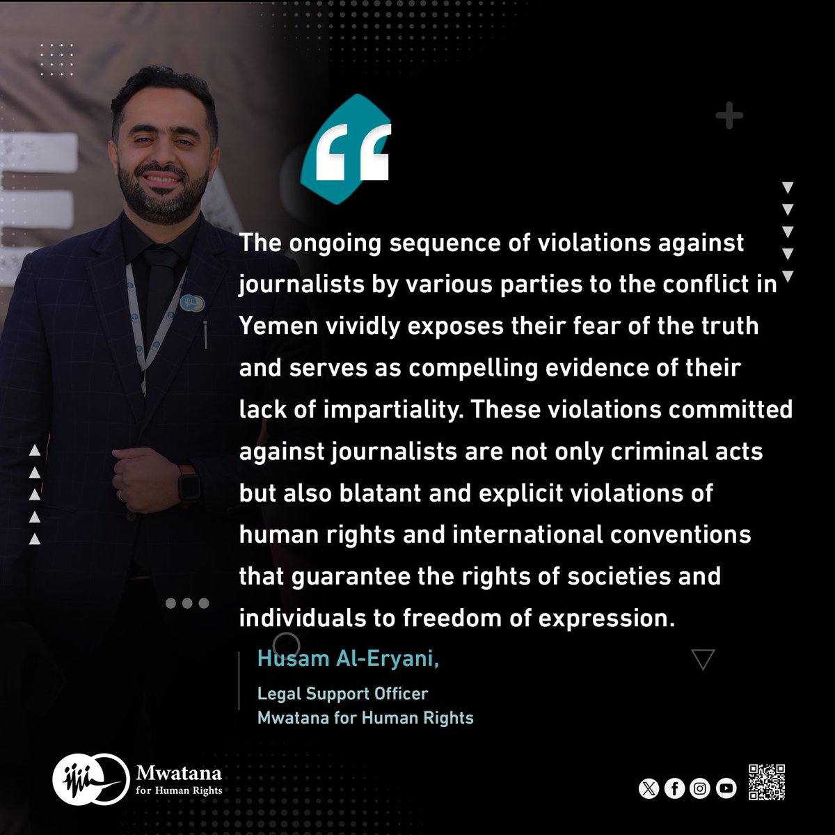 The ongoing sequence of #violations against #journalists by various parties to the conflict in #Yemen vividly exposes their fear of the #truth and serves as compelling evidence of their lack of impartiality. These violations committed against journalists are not only criminal