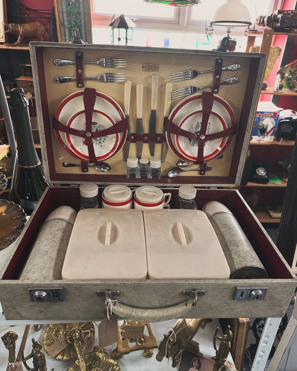 Beautiful complete vintage picnic hamper from unit 228 and perfect for days like today! #vintagepicnichamper #picnic #summerfun #outdooreating #countryside #seaside #picnicset #astraantiquescentre #hemswell #lincolnshire