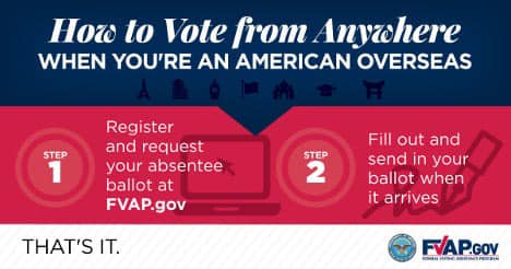 Hi! Did you know US citizens can vote in U.S. elections from anywhere? Here are two simple steps you can take to vote absentee in 2024. Go to FVAP.gov or contact us at VoteBaghdad@state.gov. #OverseasVoter #VoterReady