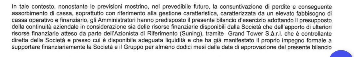 Tratto dal Bilancio ufficiale dell'Inter leggete il passaggio sulla continuità aziendale. Pensate a quanto accaduto ieri. Ognuno è libero di fare le proprie considerazioni, mi piacerebbe sapere cosa ne pensa il Ministro @andreaabodi , ma soprattutto la @FIGC.