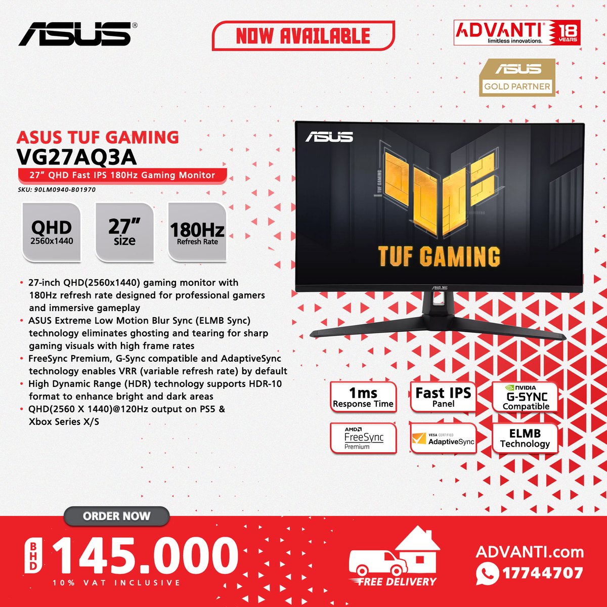 ◀Swipe Left for more!
🔽NOW AVAILABLE!🔽

🔴ASUS TUF Gaming Monitors!🔴

📦 FREE DELIVERY! 🚚
▶10% VAT Inclusive

#ADVANTI #Asus #TUFGaming #Monitors #Bahrain #Manama #Saar