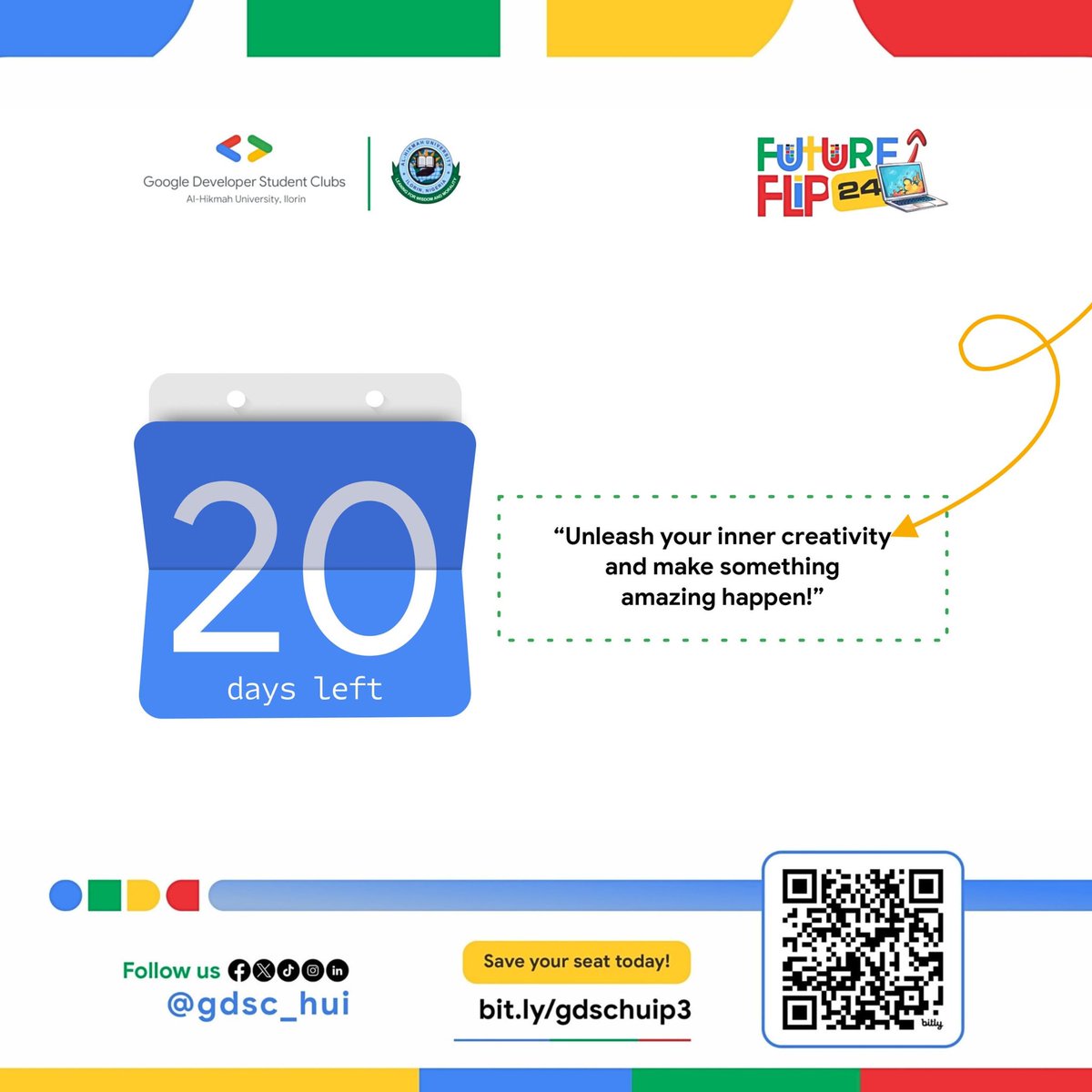 gdgoc_hui's tweet image. #FutureFlip24 is only 20 days away!🥳🥳

Don&apos;t miss out on this incredible tech event.
RSVP HERE:bit.ly/gdschuip3

#GDSCSSA 
#gdschui #FutureFlip24