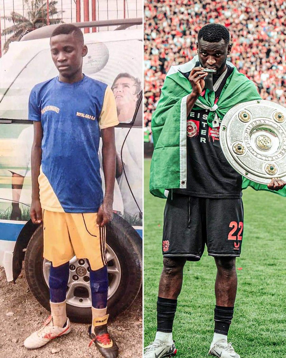 Bayer Leverkusen star @boniface_jrn Flies Coach Who discovered his potential while starting his career as a juvenile in Akugre, Nigeria to Watch Leverkusen's Bundesliga Coronation. 🇳🇬 to the world.