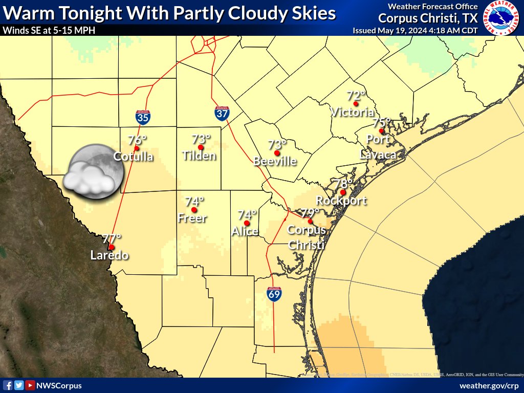 Sunny to partly cloudy today with highs ranging from around 90° to around 100°. Heat indices will range from 95 to 105 today. Waves will be around 3 feet today, with a LOW risk of rip currents. Partly cloudy tonight with lows in the 70s. Fog is possible toward morning.