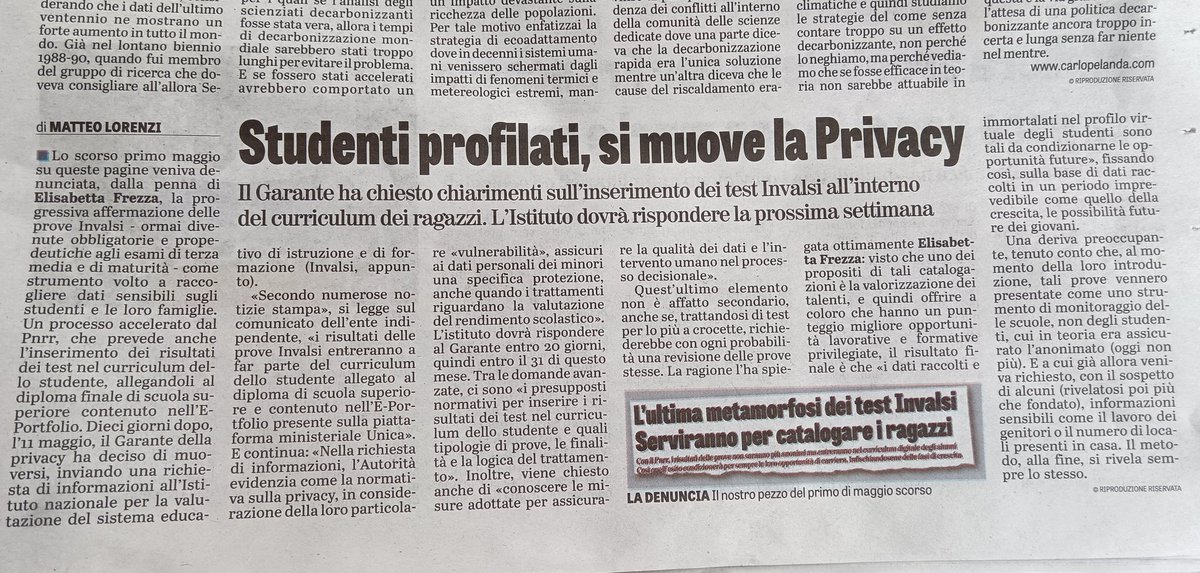 Prove Invalsi come 'piede nella porta', dalla valutazione delle scuole alla profilazione di studenti e famiglie.
@longagnani interessa?
#Invalsi