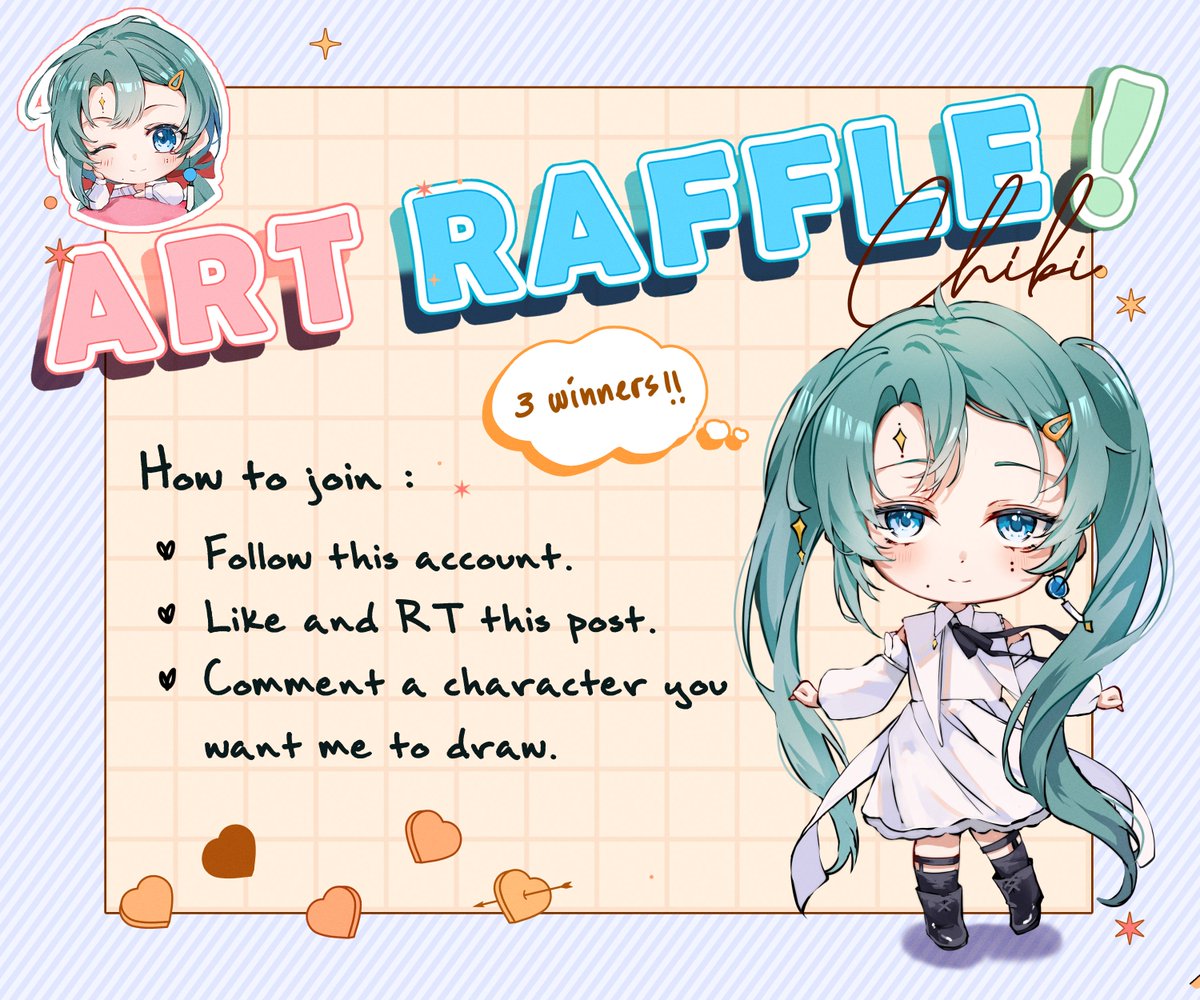 ✨ART RAFFLE✨️ PRIZE 🎁 ▪︎ 3 Winners will get Full body Chibi How to join : ▪︎ Follow this account ▪︎ Like & Retweet this post ▪︎ Comment a character you want me to draw Ends in 24 hours! Good luck everyone💕