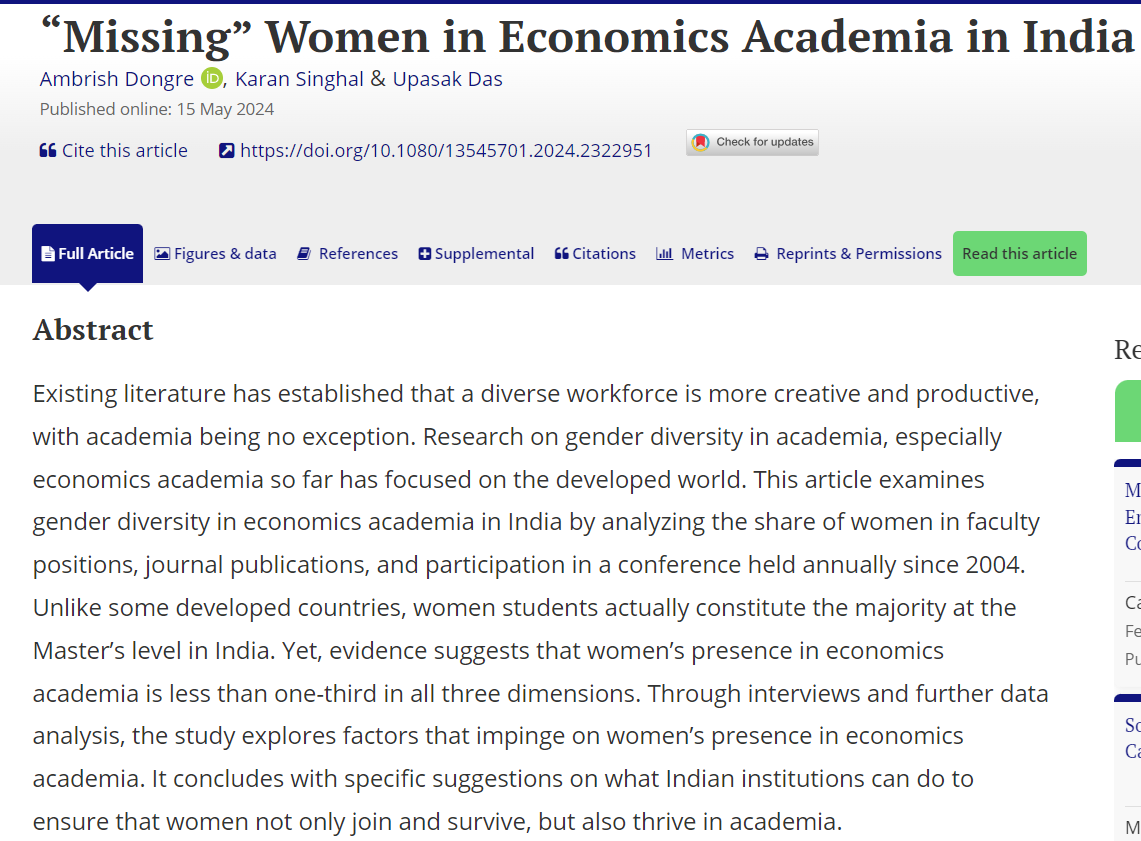 📢 New paper in Feminist Economics w/ <a href="/ambudon/">Ambrish</a>  &amp; <a href="/upasak_das/">Upasak Das</a> on the presence of women in economics academia in India. Please give it a read!

#econtwitter

tandfonline.com/doi/full/10.10…

1/n