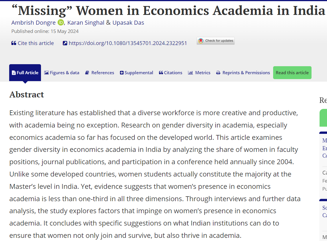 📢 New paper in Feminist Economics w/ @ambudon & @upasak_das on the presence of women in economics academia in India. Please give it a read! #econtwitter tandfonline.com/doi/full/10.10… 1/n