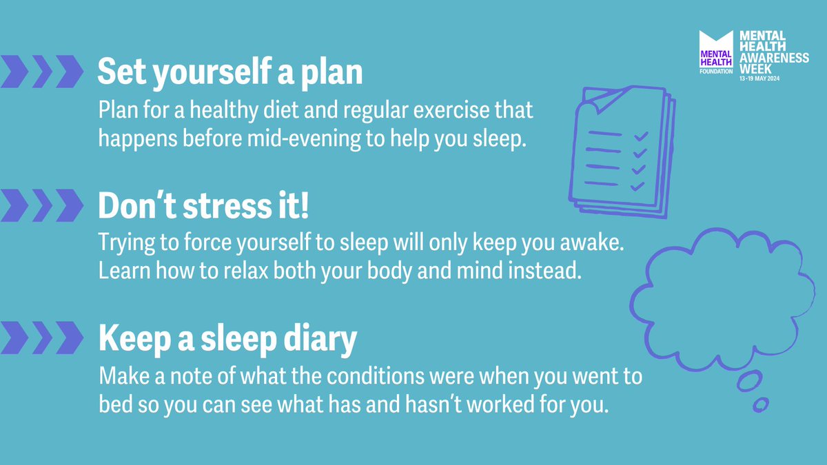 There are lots of ways to improve the quality of your sleep, like exercising, eating well and avoiding stimulation at night. Starting a sleep diary can help you figure out what works best for you, and there’s no better time to do that than #MentalHealthAwarenessWeek. 💤💜