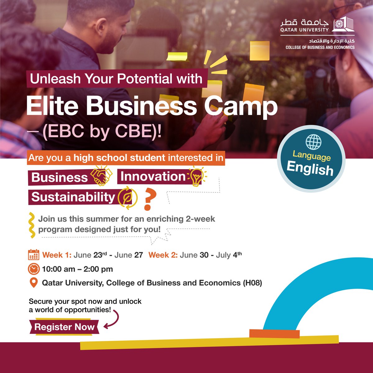 QUCBE's tweet image. Dive into the Elite Business Camp (EBC) this summer! Hosted by QU&apos;s College of Business and Economics for high school students,

Open to English Track high school males in Qatar. Secure your spot here: qu.edu.qa/sites/en_US/bu…

#EBC2024 #BusinessCamp #LearnAndLead #Summer2024
