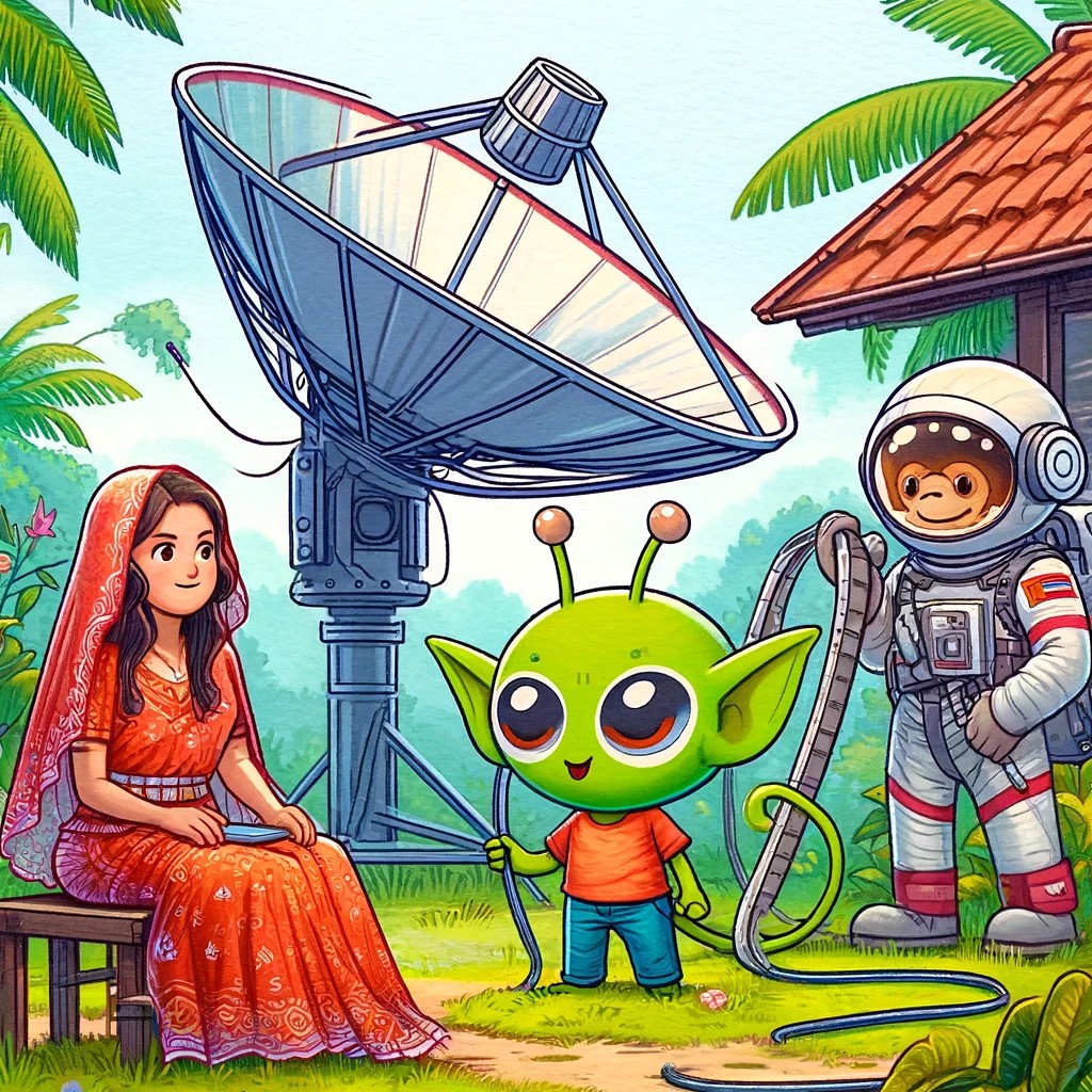 Royalisimo_mat's tweet photo. @DimaZeniuk @elonmusk @Starlink Exciting day in Indonesia! 🌍 Our team, including an alien, a woman in red, and an astronaut monkey, is installing a new satellite. 🚀📡 #SpaceExploration #TechInnovation #Indonesia #CartoonFun https://t.co/Ypd5kLIzGu