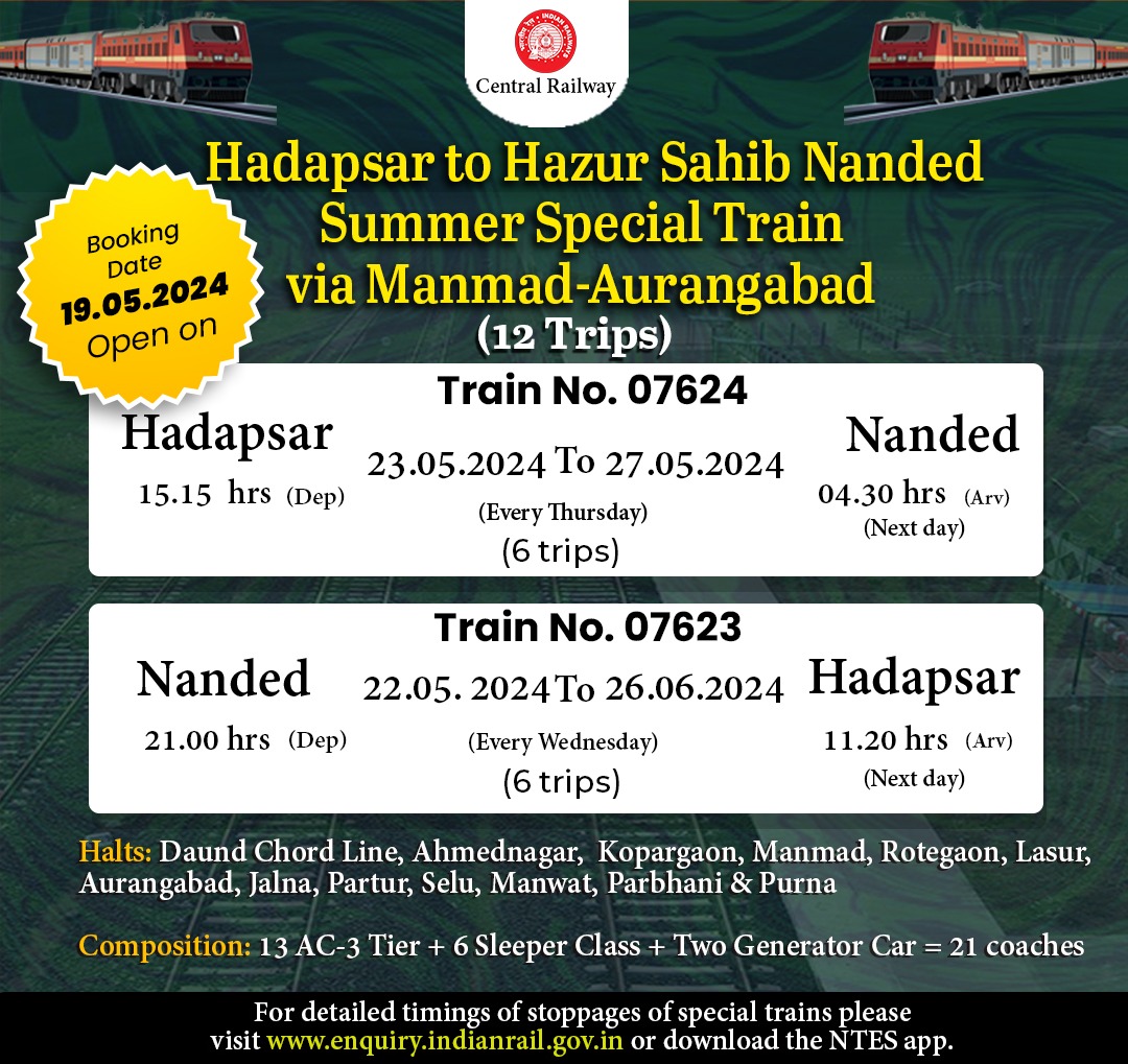 CR-Pune Division to run 12 trips of Hadapsar - Hazur Sahib Nanded - Hadapsar via Manmad-Aurangabad Summer Special trains.

🙏🏻 Passengers are requested to avail these Summer Special Train services.

#SummerSpecialTrains
#CentralRailway
#PuneDivision