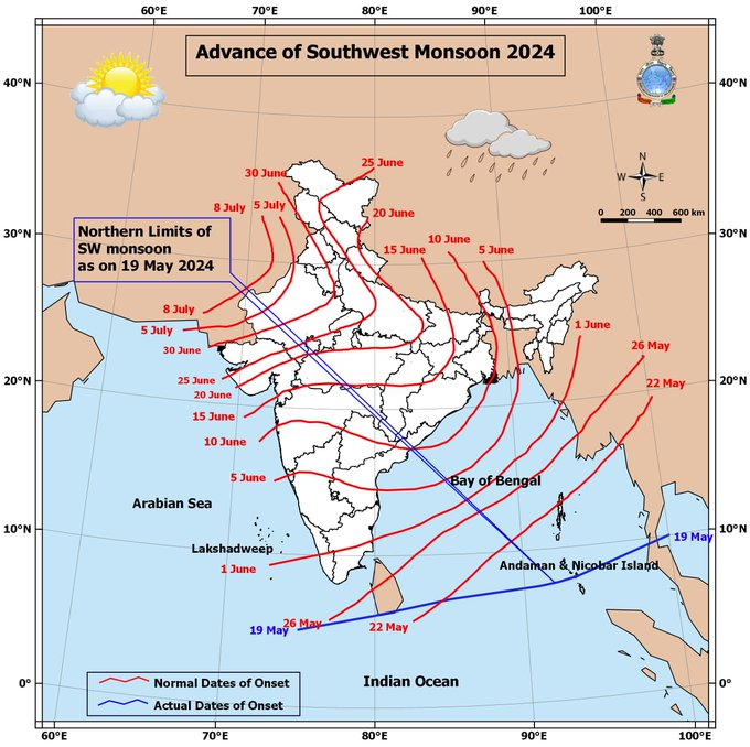 #SouthwestMonsoon advanced into Maldives, Comorin, South Bay of Bengal, Nicobar Islands, and South Andaman Sea, with increased westerly winds, cloudiness, and widespread rainfall.
