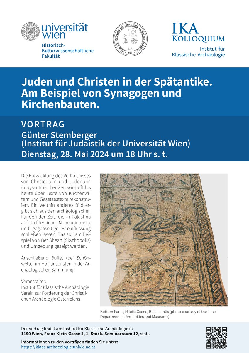 📢 Vortragshinweis: „Juden und Christen in der Spätantike. Am Beispiel von Synagogen und Kirchenbauten.“ 📅 Di, 28. Mai 2024, 18 Uhr Günter Stemberger (@univienna) diskutiert, wie archäologische Funde im antiken Palästina ein friedliches Miteinander der Gruppen belegen.