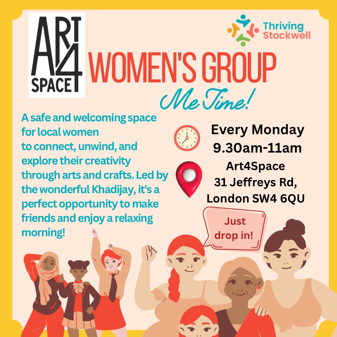 🌸 WOMEN'S GROUP: Me Time! 🌼 Join every Monday for a safe, welcoming space to connect, unwind, and get creative with arts & crafts, led by Khadijay! Perfect for making friends & relaxing. 🗓️ Mon 9:30-11am 📍 Art4Space, 31 Jeffreys Rd, London SW4 6QU #ArtsAndCrafts #Community