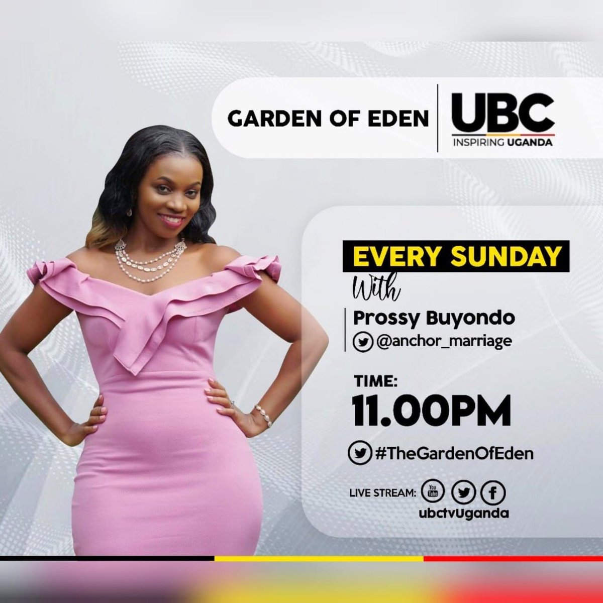 COMING UP 
#TheGardenOfEdenTvShow 

There are a lot of single people who fear commitment & the responsibility that comes with spending a lifetime with a total stranger. 

Join The Marriage Anchor tonight at 11pm on @ubctvuganda for this conversation about #FearInRelationships