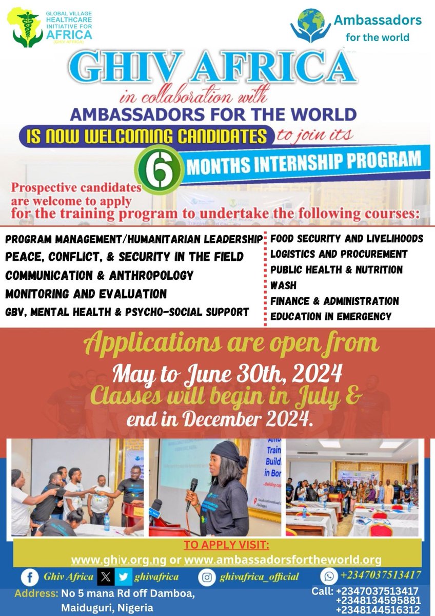 GhivAfrica's tweet photo. Start your career in humanitarian and development with GHIV Africa &amp; Ambassadors for the World Internship Training! This 6-month program provides practical experience, cultural immersion, and networking opportunities. https://t.co/lYii0w4kuE