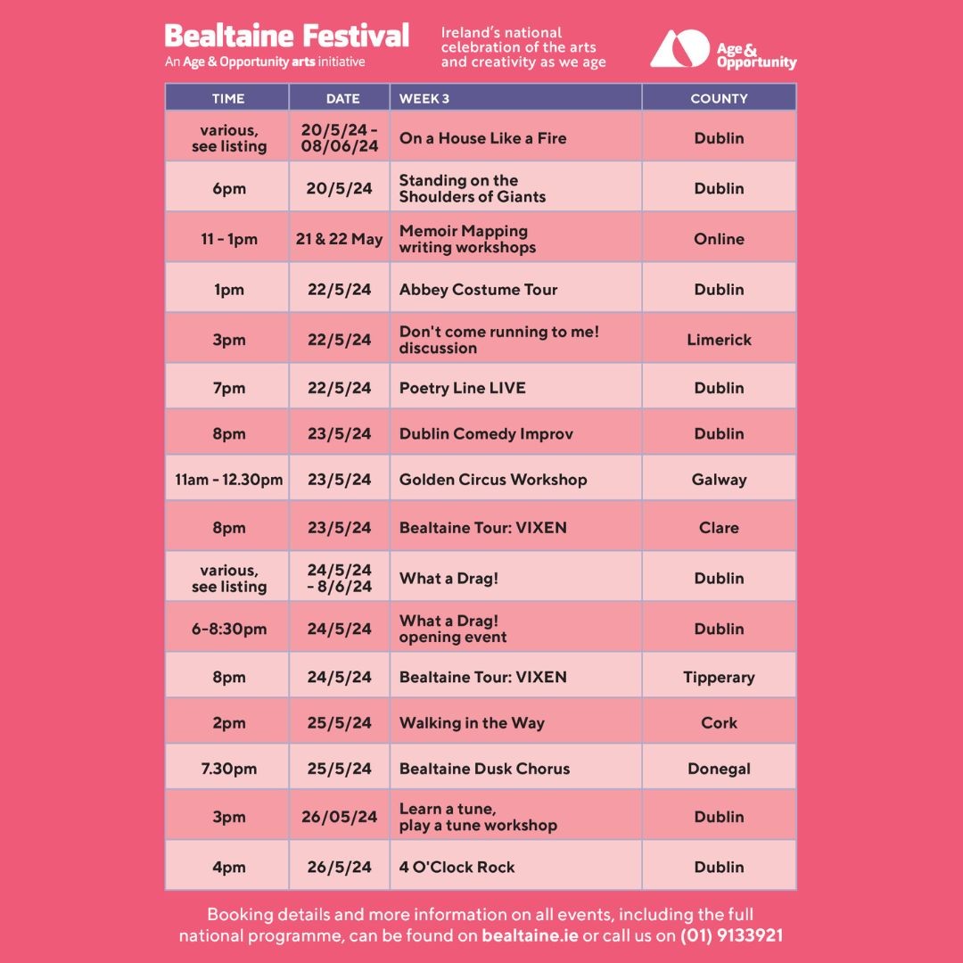 WHAT'S ON THIS WEEK! Tickets available on bealtaine.ie @ilfdublin @abbeytheatredublin @universityoflimerick @poetryireland @fatimagroupsunited @galwaycircus @outhouse_dublin @dragqueensie @crawfordartgallery @cobblestonepubdublin @singalongsocial @thesugarclub