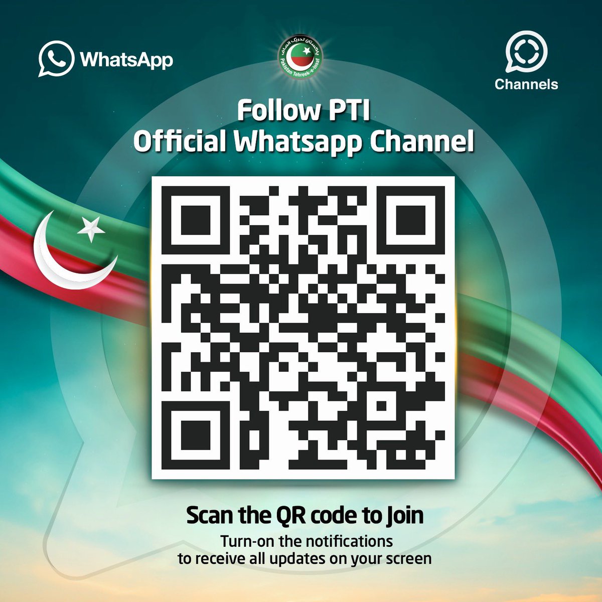 Scan the QR Code to join PTI official Whatsapp Channel and turn on notifications to receive updates on your screen