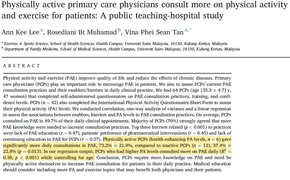 Physically active primary care physicians consult more on physical activity and exercise for patients: A public teaching-hospital study sciencedirect.com/science/articl…