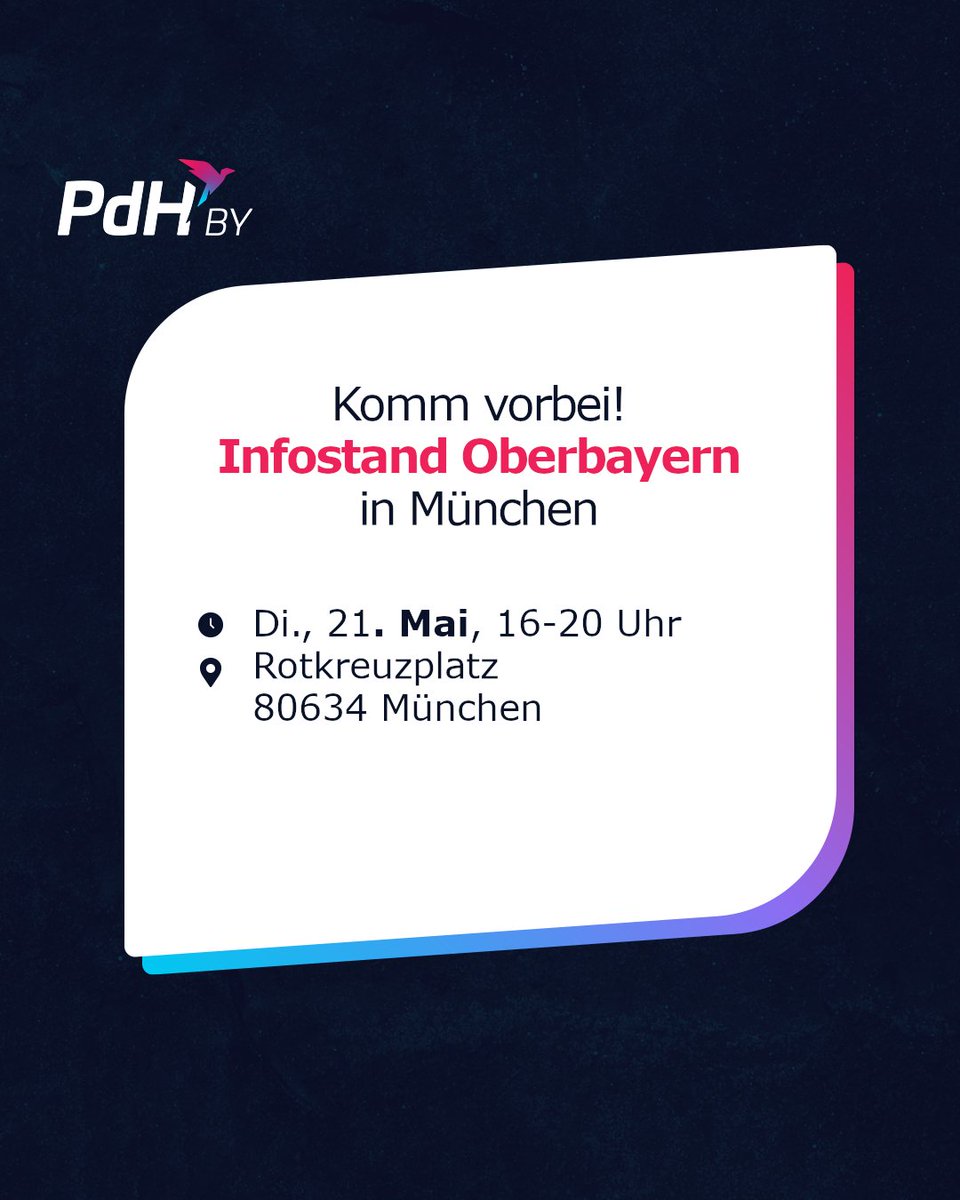 Hey München 😁
Wir brennen dafür euch unseren #NeuerPolitikstil näher zu bringen.
Deswegen sind wir am Dienstag wieder mit einem Infostand für euch Vorort.
Wir freuen uns auf eure Fragen und euch kennen zu lernen!

PdH PdH4Europe EUWahl
FrischerWind GegenStillstand
Bayern Politik