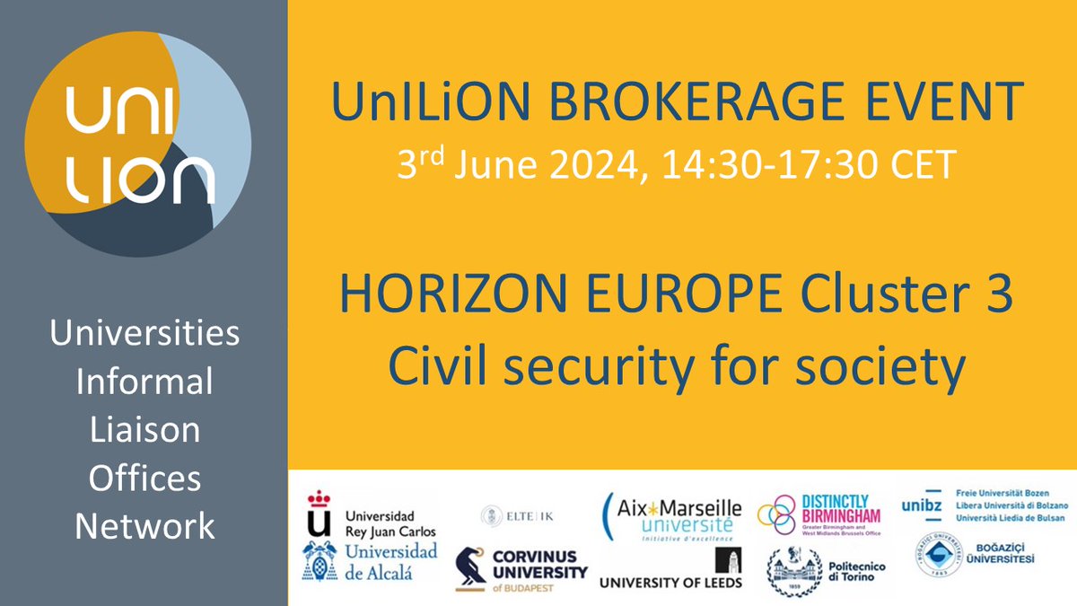 🌍Are you a researcher, business or other organisation interested in Horizon Europe Cluster 3? Join the #UnILiON Brokerage Event on Civil security for society!
🗓️When? 3 June 2024
Registration deadline: 31 May 2024
👉All the details here: unilion.eu/?p=3551