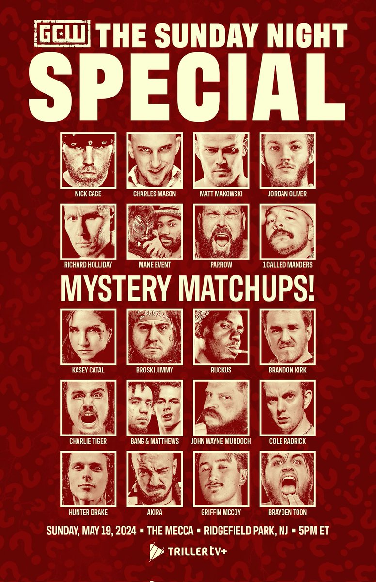 *TONITE 5PM* The GCW Sunday Special MYSTERY shoe goes LIVE from The Mecca in Ridgefield Park! Watch #GCWSpecial LIVE on @FiteTV+! Feat: Gage JWM Akira Jimmy Ruckus Rich & Powerful Kasey Catal Jordan Cole Makowski Manders McCoy Kirk Bang 🚫 +more Tix: SundayGCW.eventbrite.com