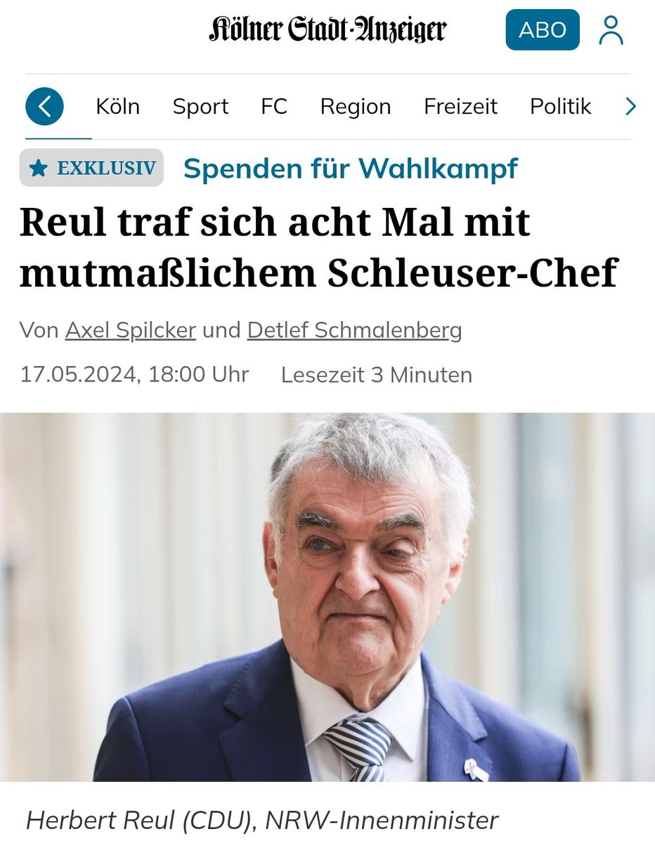 Acht mal traf sich Reul mit dem mutmaßlichen Schleuser-Chef. Die CDU kassierte fast 50000 Euro an Spenden, davon wurden 30000 Euro alleine für Reuls Wahlkampf verwendet. Ich wette, es wird dennoch keinen Rücktritt geben.