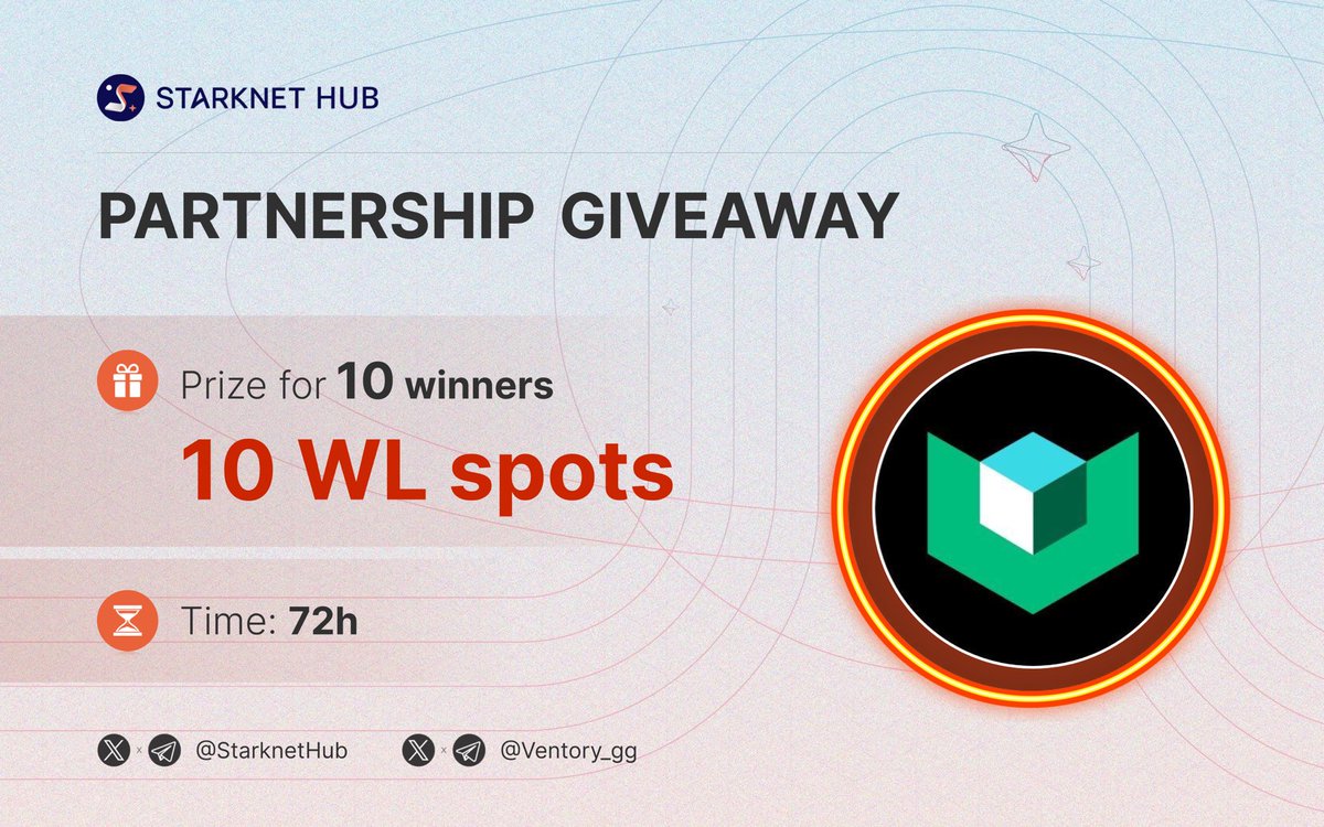 🔊 PARTNERSHIP GIVEAWAY 🤝

🎁 Prize for 10 winners
10 Whitelist Spots

✔️ To Enter:
1️⃣ Follow @StarknetHub x @Ventory_gg
2️⃣ ❤️ ,  🔃 
3️⃣  Tag 3 friends

⏰ 72h

💡 Ventory - Multichain NFT Marketplace for entertaining games & NFT liquidity on @Starknet

 $STRK #Airdrop #Giveaway