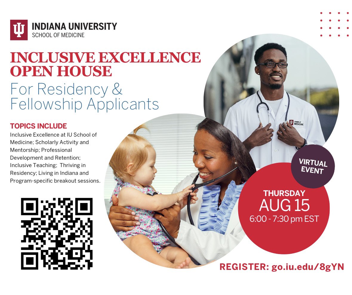 Join IU Psychiatry’s own Dr. Ricardo Serrano, PGY2, at this virtual open house! Event is August 15th from 6-7:30 EST. Register at the included QR code or at go.iu.edu/8gYN . We hope to see you there!