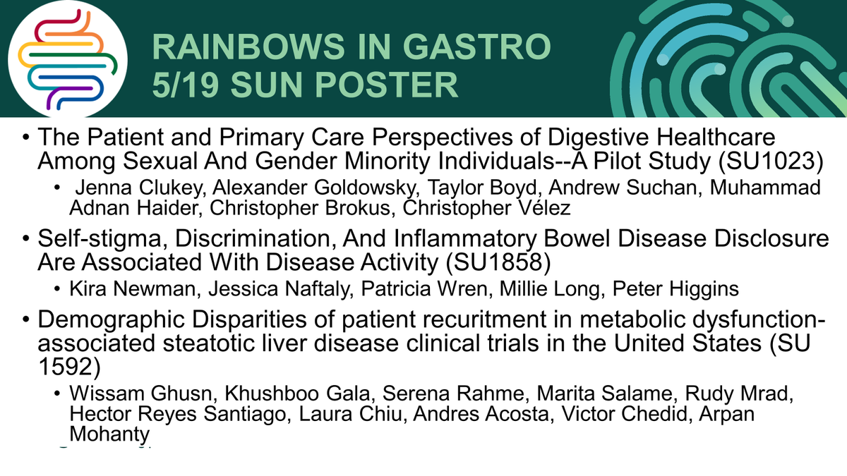 More exciting presentations from 🌈#RIG members today (5/19 Sunday) at #DDW2024 about 🏳️‍🌈🏳️‍⚧️#LGBTQIA health and beyond! 

@ddwmeeting 
#GITwitter #LiverTwitter
