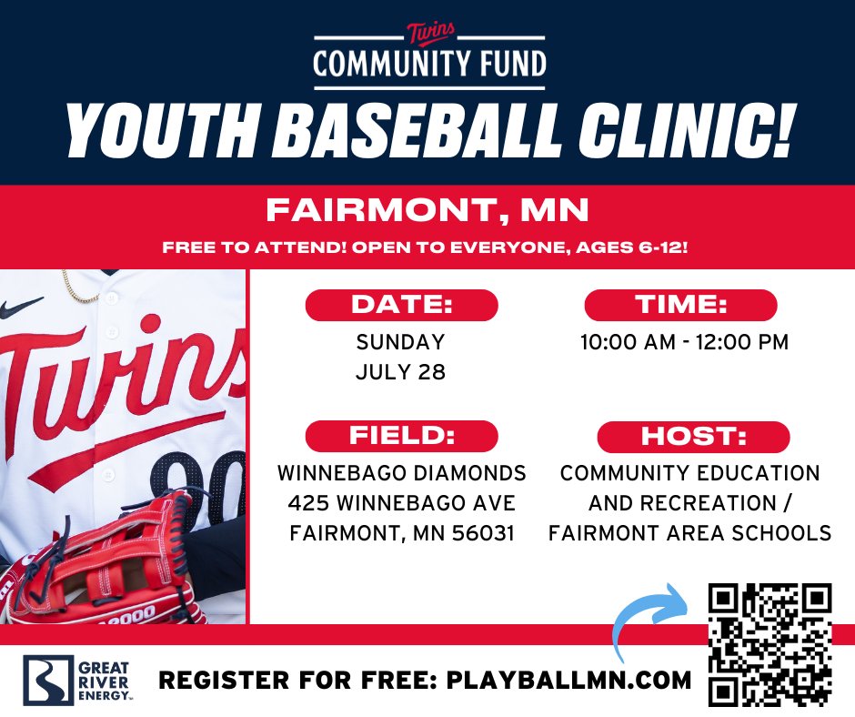 FairmontCER's tweet image. Twins Baseball Clinic in Fairmont. Register for free @ bit.ly/FairmontTwins