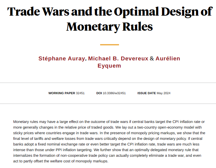 Welfare losses from trade wars critically depend on the design of monetary policy, from Stéphane Auray, Michael B. Devereux, and Aurélien Eyquem nber.org/papers/w32451