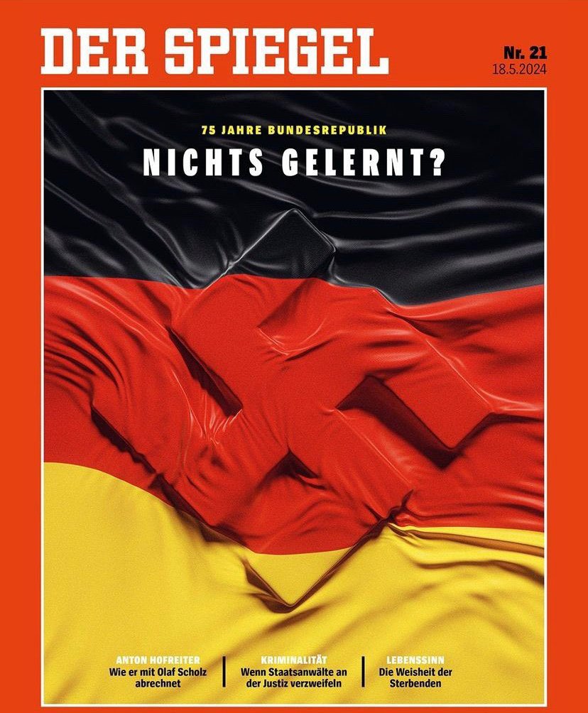 🇩🇪 Capa da edição atual da revista alemã Spiegel: «75 anos de República Federal – NADA SE APRENDEU?».