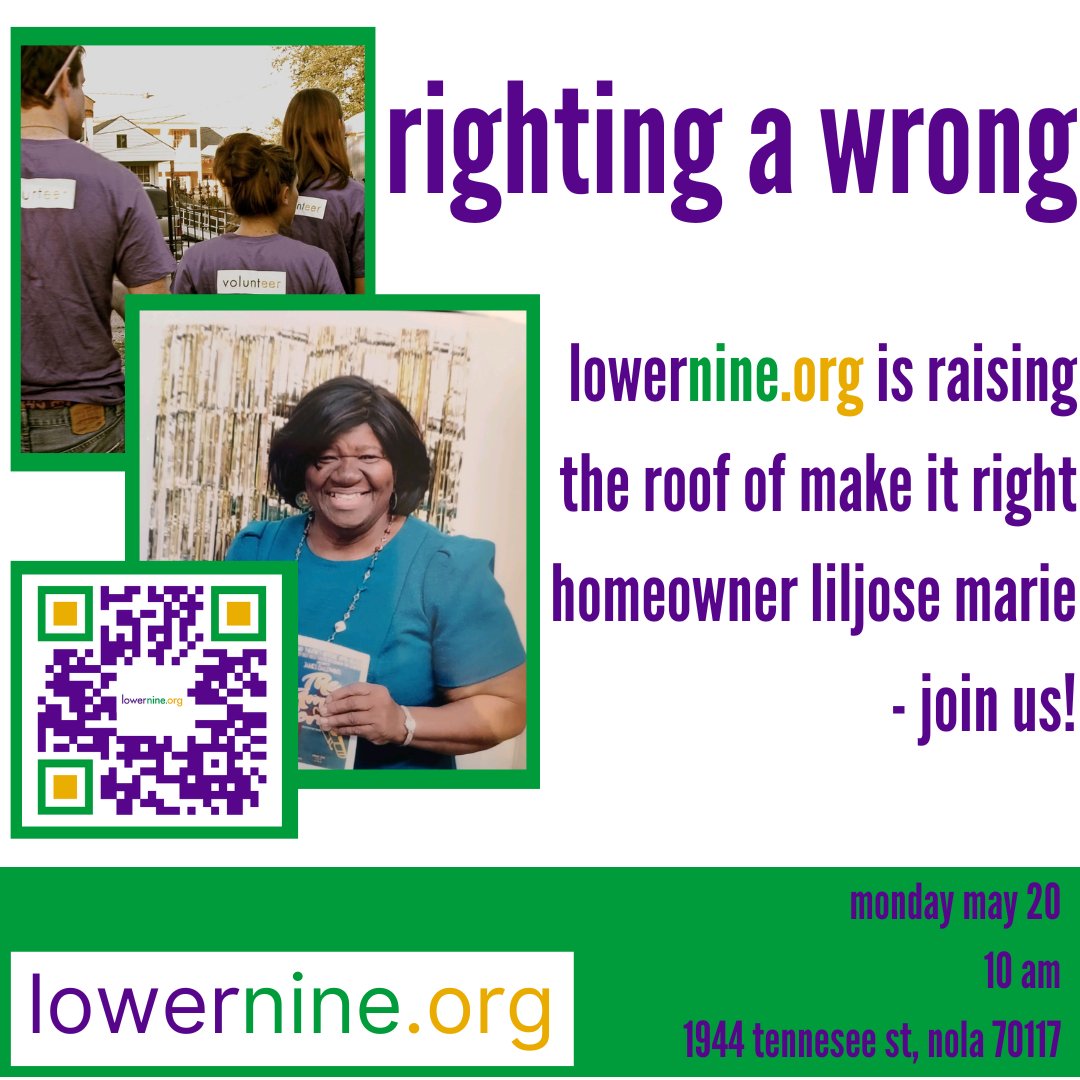 please join us tomorrow morning as we begin repairs on legacy resident and <a href="/makeitright/">Make It Right</a> client Liljose Marie Tompkins' home. @zuppardosrenovations will be correcting structural elements of the roof that was originally built incorrectly, and our volunteers will rebuild remaining