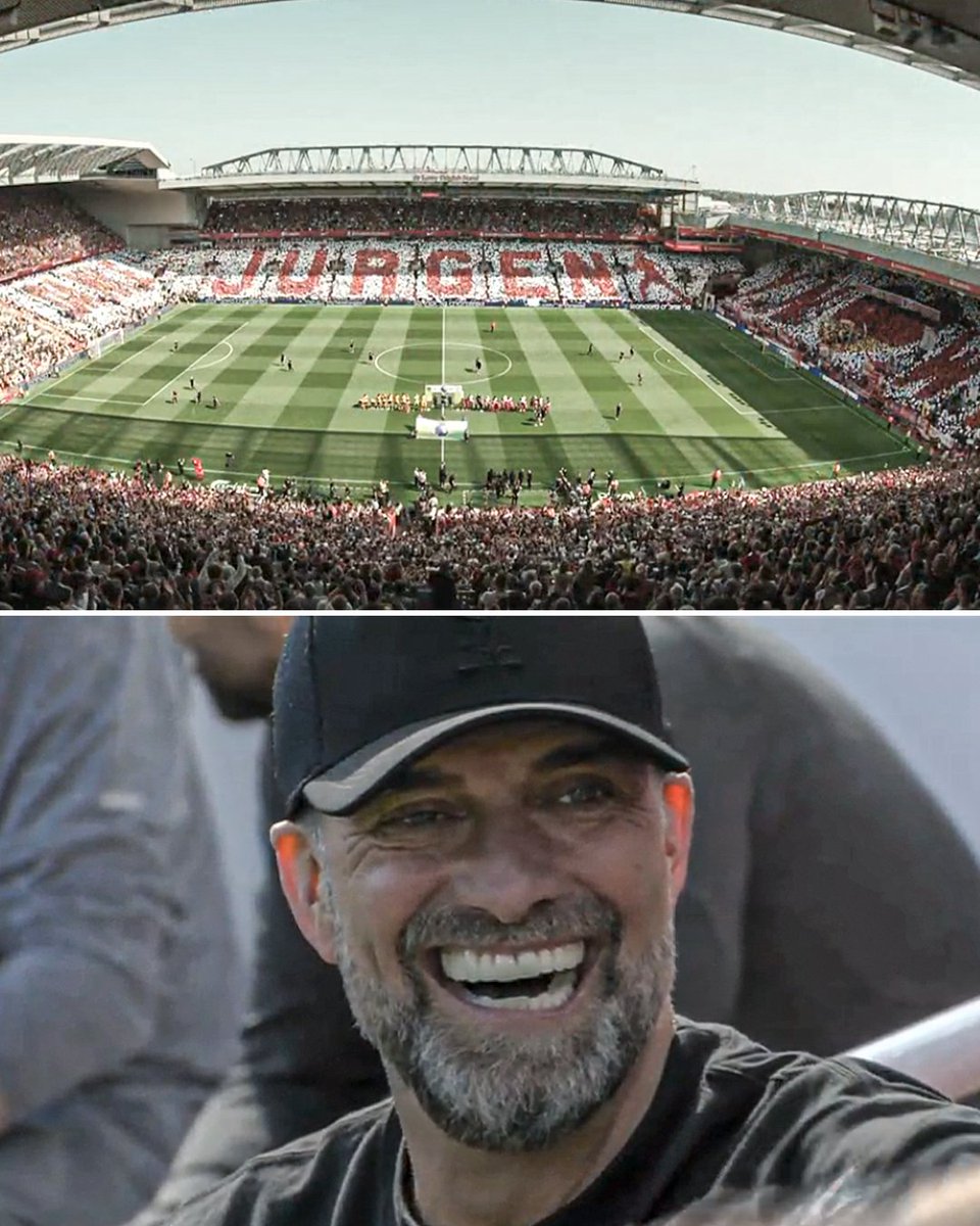 ESPNFC's tweet photo. "DANKE JURGEN YNWA"

Fans at Anfield create a mosaic thanking Jurgen Klopp ahead of his final game as Liverpool manager 🥹

A beautiful moment ❤️ https://t.co/S9PBIOe5ta