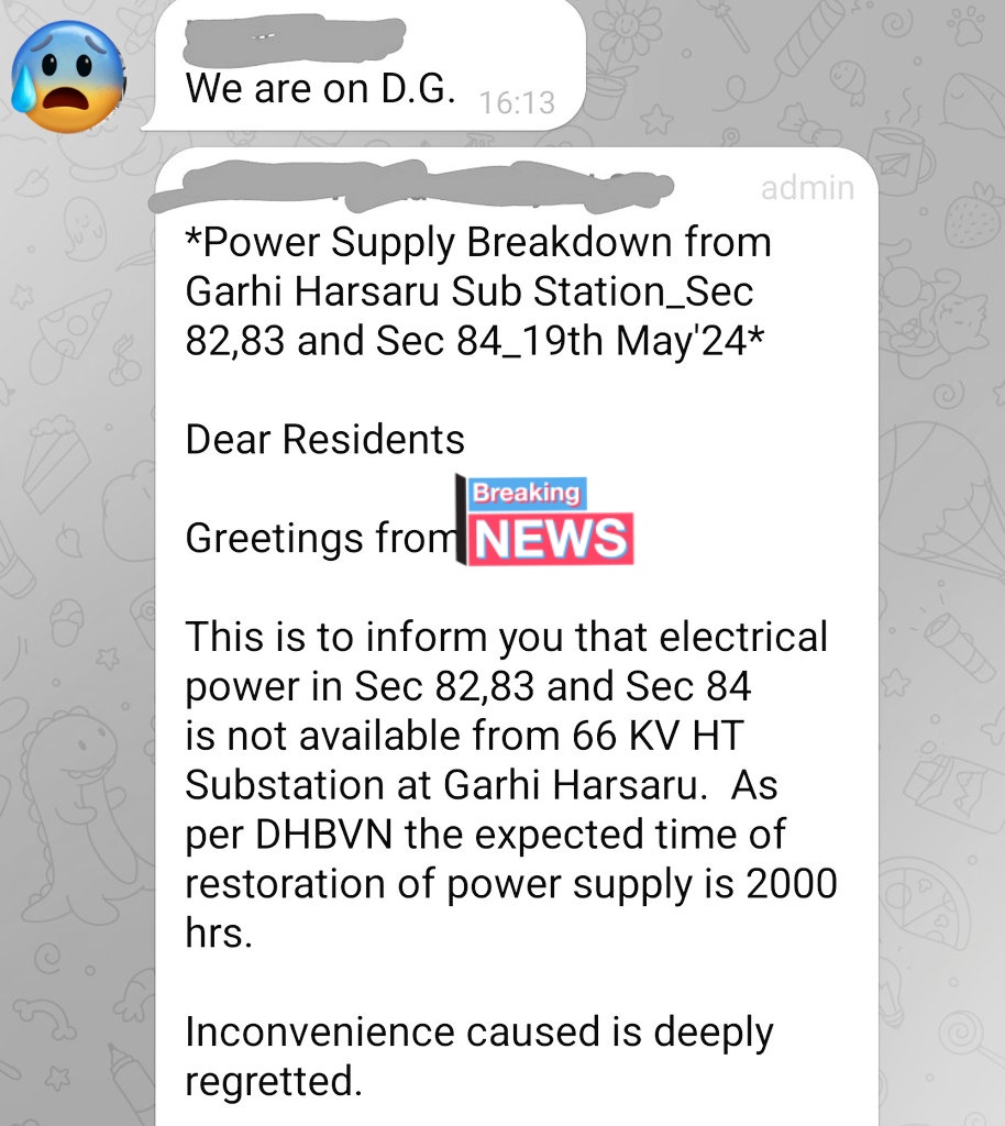 Hello Narendra Modi,

This message is sent by my freind from Gurugram,Pays 30% Tax.

This is Millennium City.

-Daily 8to 9 short power Cuts.

-But today its already 9Hrs outage.

-Temp is 45C

-Its 10yrs double engine Govt.

Delhi supply 24X7 Electricity.

Have u got any shame?