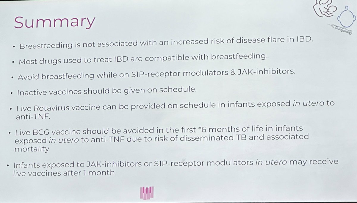 💡A shift in practice — rotavirus vaccine may be given to infants exposed to anti-TNF in utero. 
💉 Live vaccines can be given to infants whose mothers are breastfeeding on biologics. 
👏🏻 @PIANOIBD group for compiling these data + forming these expert consensus recs. #DDW2024
