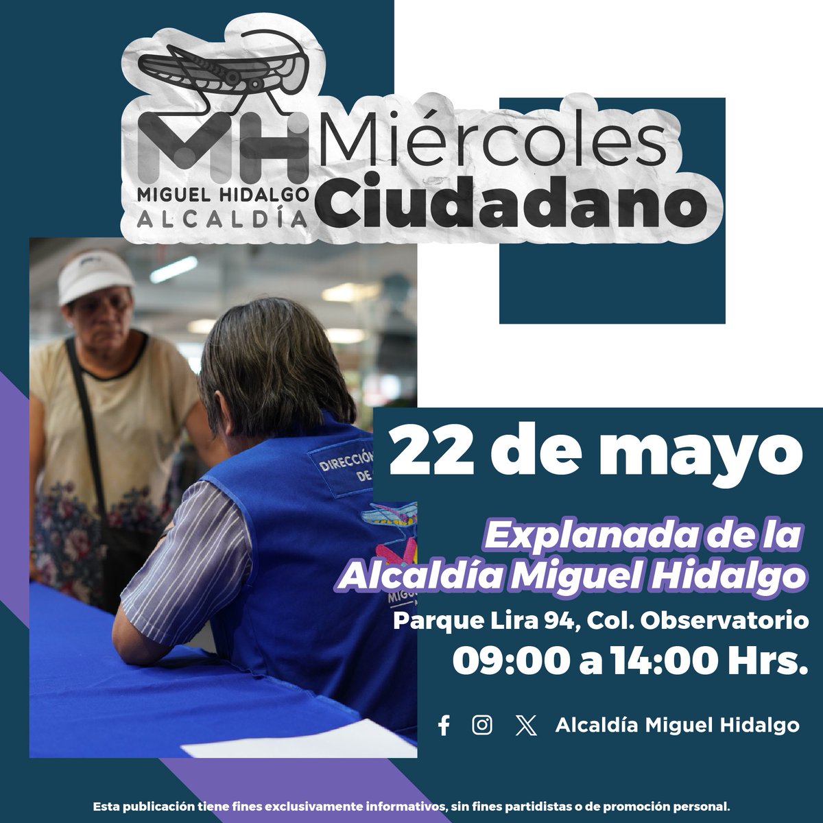 ¡Vecin@!, si tienes un reporte o gestión pendiente de ser atendido el #MiércolesCiudadano es para ti.

Nuestro equipo te espera este 22 de mayo en la explanada de la alcaldía de 9 de la mañana a 2 de la tarde, con la mejor atención personalizada.👥