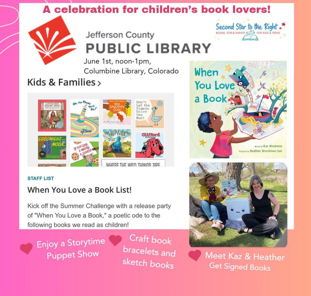 Love classic children’s books? You’ll love WHEN YOU LOVE A BOOK! Request at your local library and join us at Columbine Library on June 1st at noon for a book birthday party hosted by @SecondStarBooks . @heathertbl @JeffCoLibAL @penguinkids #whenyouloveabook #bookbirthday