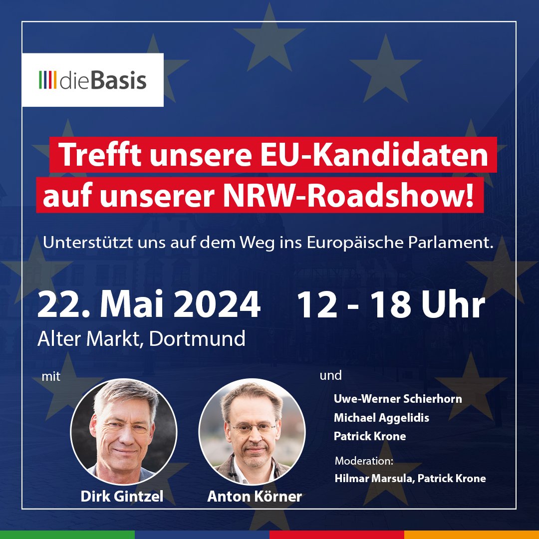 Lerne unsere Kandidaten auf Ihrer Tour durch Nordrhein-Westfalen kennen Der 2. Tag der NRW-Tour führt unsere Kandidaten Anton Körner und Dirk Gintzel am Mittwoch, den 22. Mai, nach Dortmund. Wir freuen uns auf deinen Besuch! ❗️Europawahl am 09. Juni 2024❗️ dieBasis: Nr. 26 auf