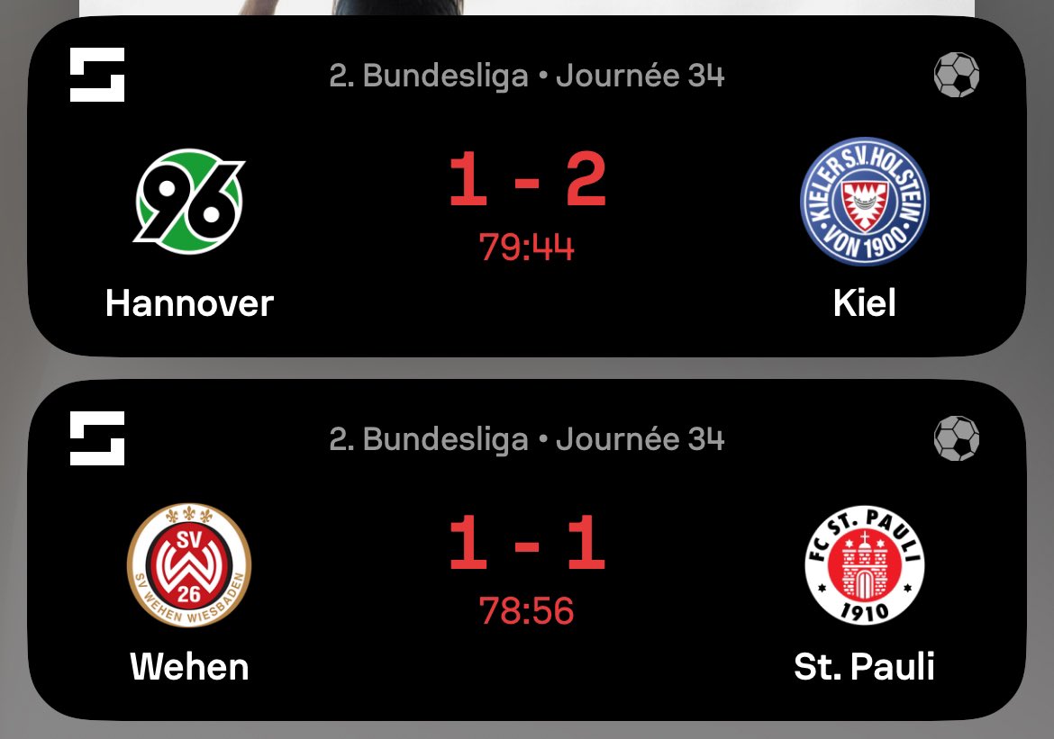 🏆 Plus que 10 minutes en 2. Bundesliga !

Pour l’instant c’est Holstein Kiel qui est tout proche de son premier titre en 2. Bundesliga !

Mais si St Pauli marque un but, ca serait eux les Champions !

Vos pronos ?? #H96KSV #SVWFCSP